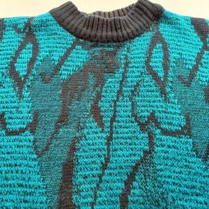 Skyline Vintage Graphic Sweater Mens Large Teal Black Abstract Knit Crewneck 90s